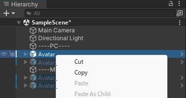 UnityのHierarchyでアバターを右クリックした画面