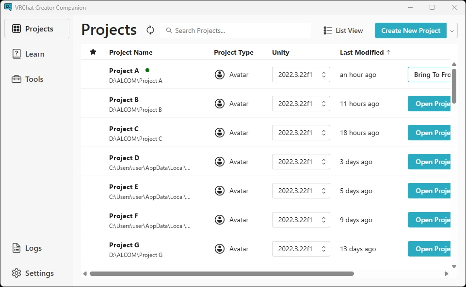 VCCでManage Projectを開く画面